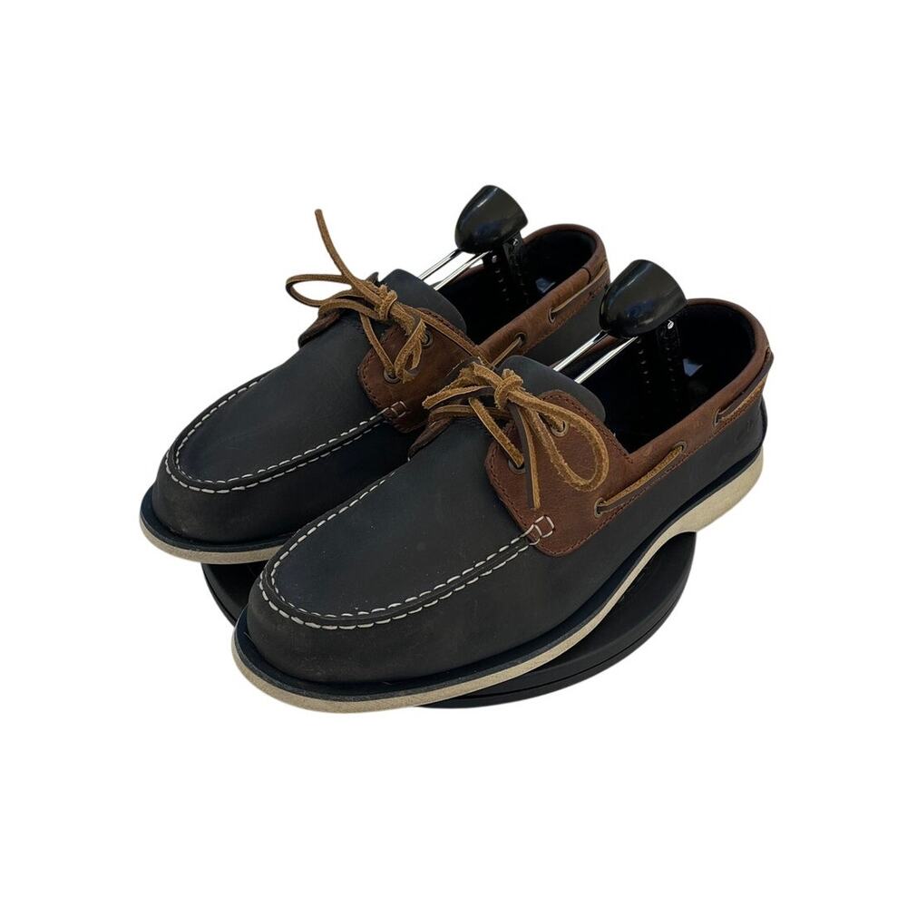 Mens Clarks Leather Boat Shoes Moc-Stitched Toe Size 11 Two Tone Black Brown